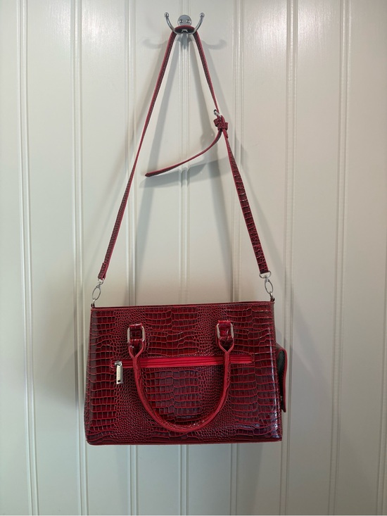 Handbags - Croc-Embossed Red Shoulder Bag with Adjustable Strap